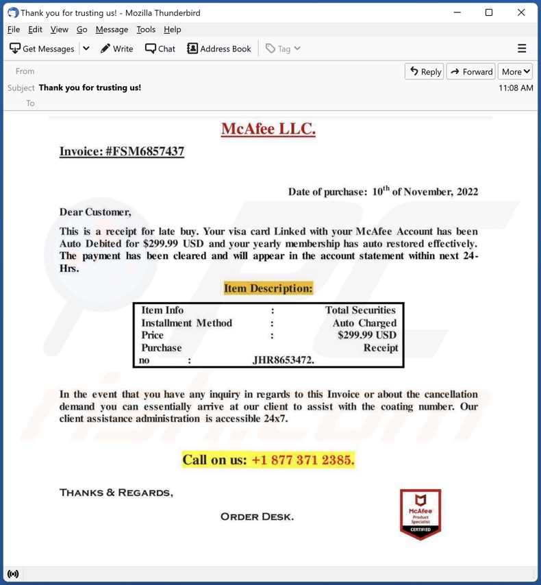 Exemple d'e-mail frauduleux Payment For McAfee Subscription 2