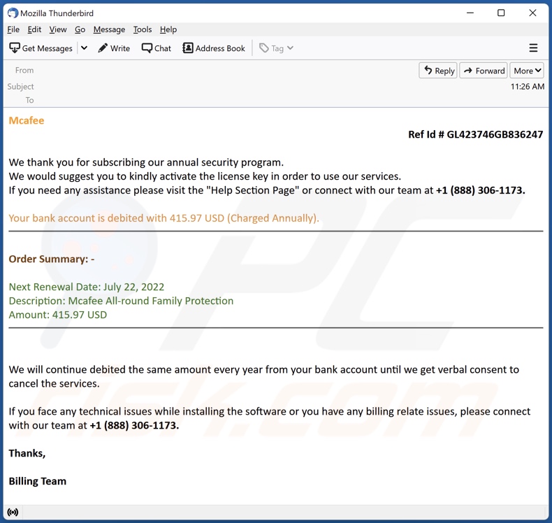 Exemple d'e-mail d'escroquerie de paiement pour l'abonnement McAfee 3