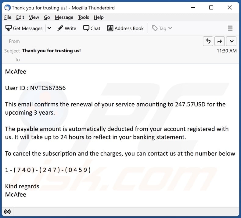 Exemple d'e-mail d'escroquerie de paiement pour l'abonnement McAfee 4
