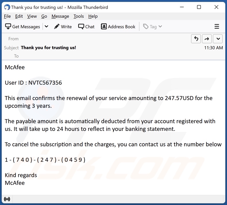 Exemple d'e-mail d'escroquerie de paiement pour l'abonnement McAfee 4