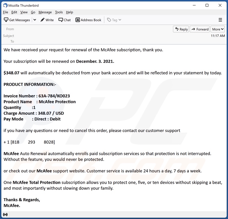Exemple d'e-mail d'escroquerie de paiement pour l'abonnement McAfee 5