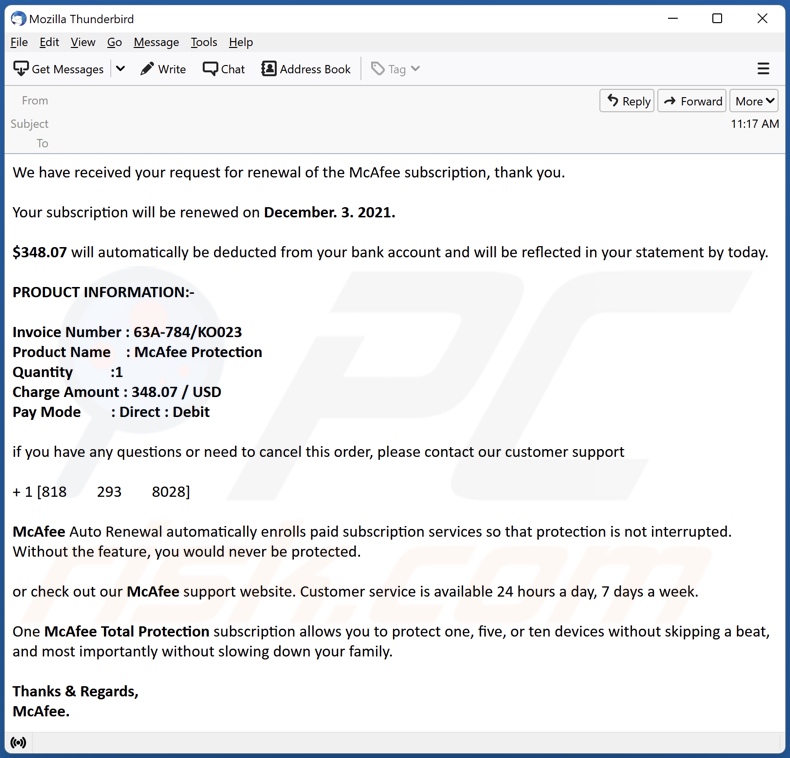 Exemple d'e-mail d'escroquerie de paiement pour l'abonnement McAfee 5