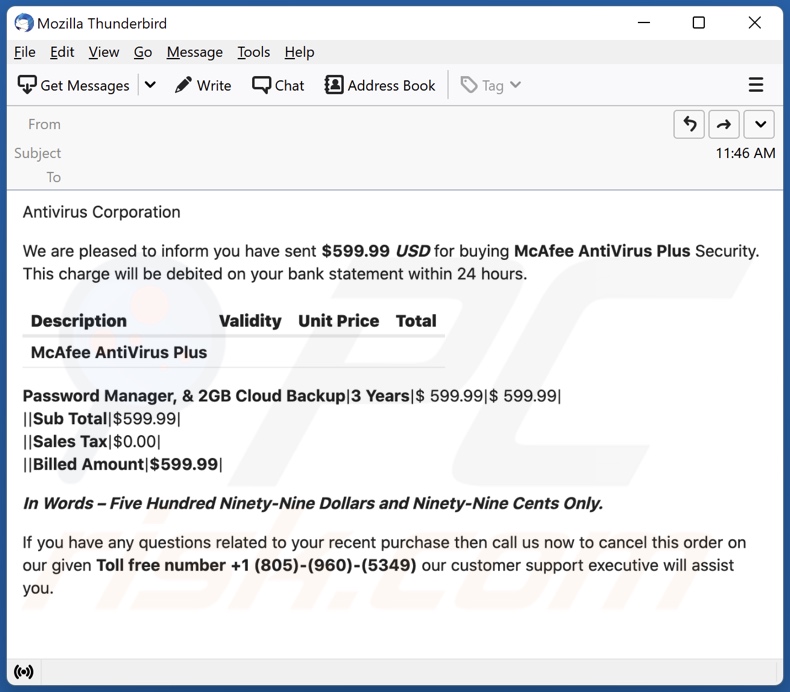 Campagne de spam par e-mail Payment For McAfee Subscription
