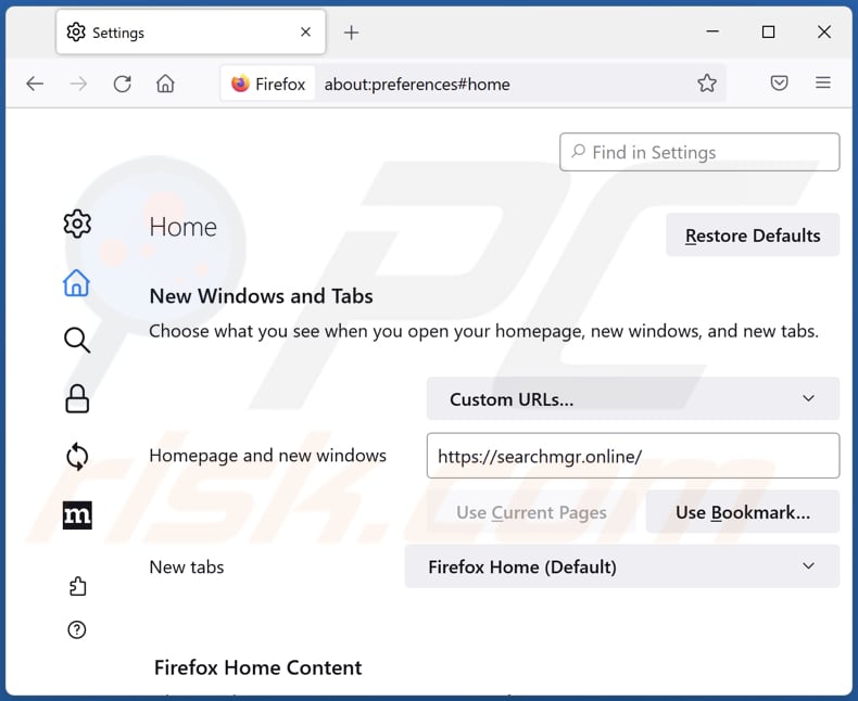 Suppression de searchmgr.online de la page d'accueil de Mozilla Firefox