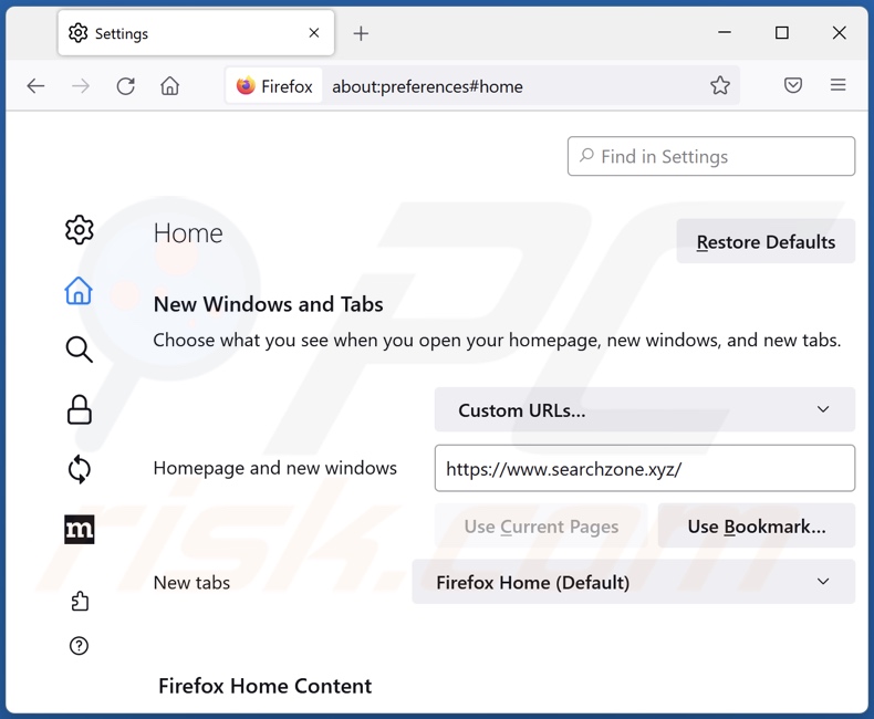 Suppression de searchzone.xyz de la page d'accueil de Mozilla Firefox