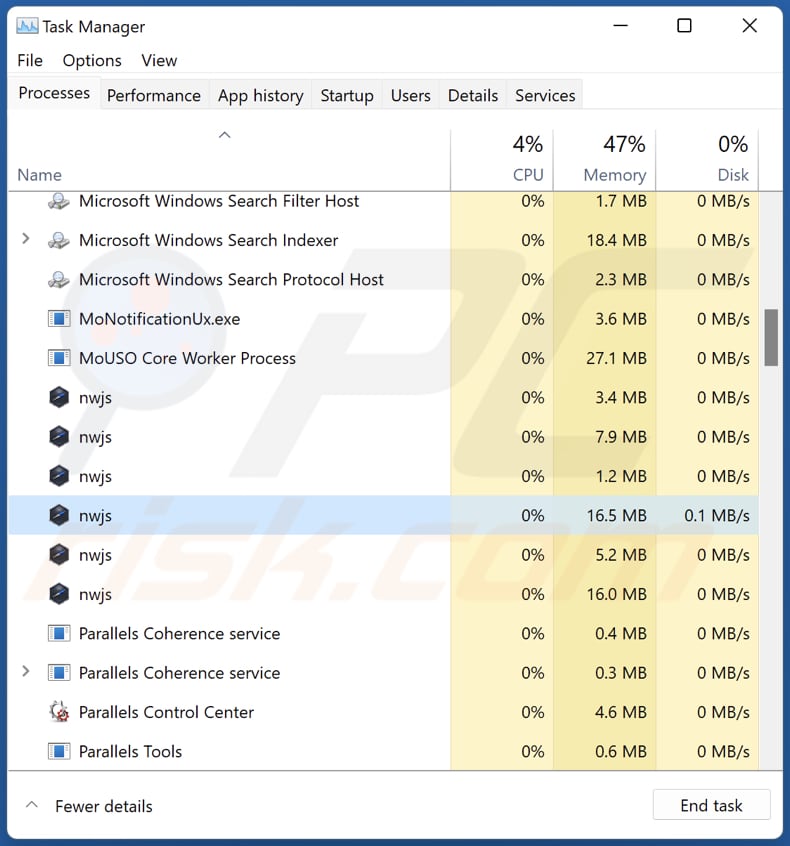 vidéos adware processus nwjs dans le gestionnaire de tâches