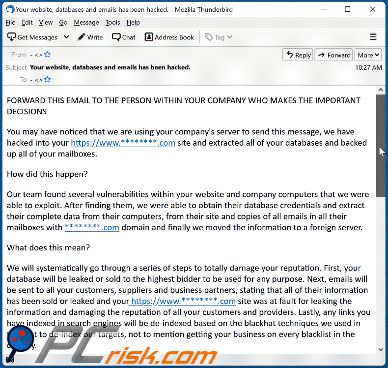 Nous utilisons le serveur de votre entreprise pour envoyer ce message apparence d'e-mail frauduleux