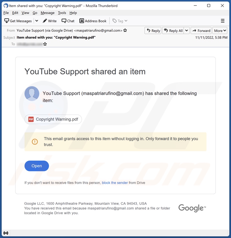 YouTubе Support Shared An Item campagne de spam par e-mail