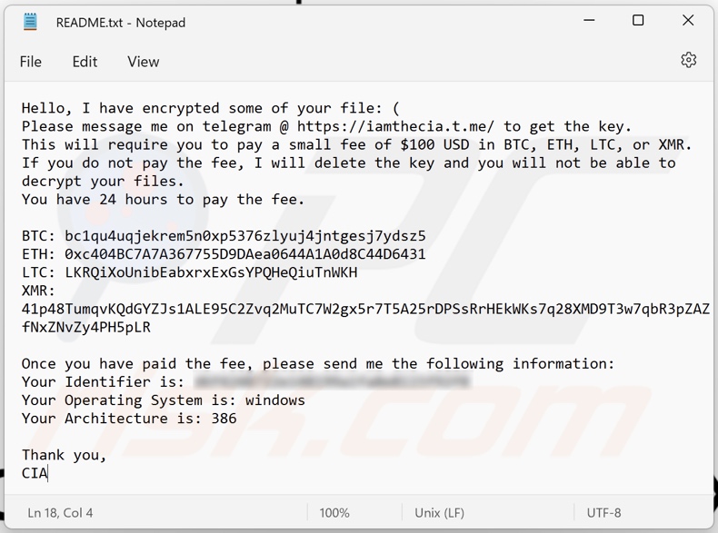 Note de rançon CIA ransomware (README.txt)