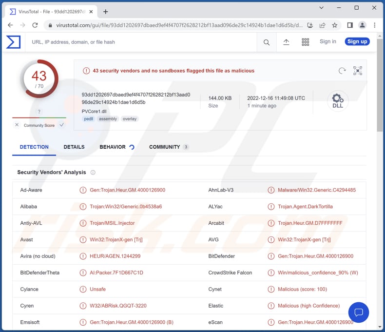 DarkTortilla malware détecté sur VirusTotal