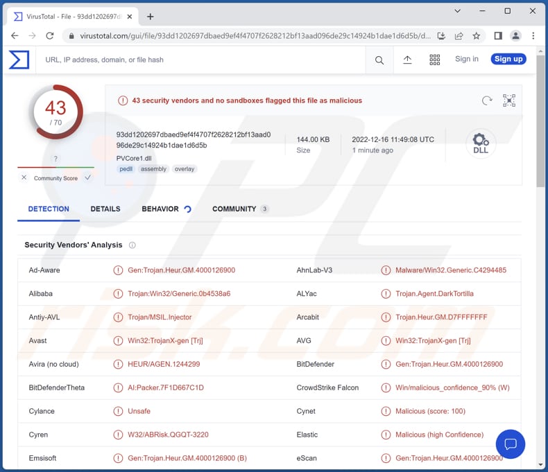 DarkTortilla malware détecté sur VirusTotal