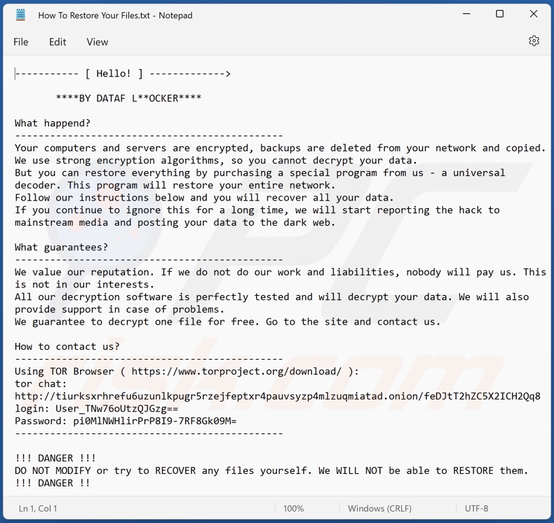 Note de rançon du ransomware DATAF LOCKER (Comment restaurer vos fichiers.txt)