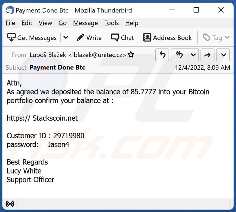 Courriel frauduleux Dépôt dans votre portefeuille Bitcoin
