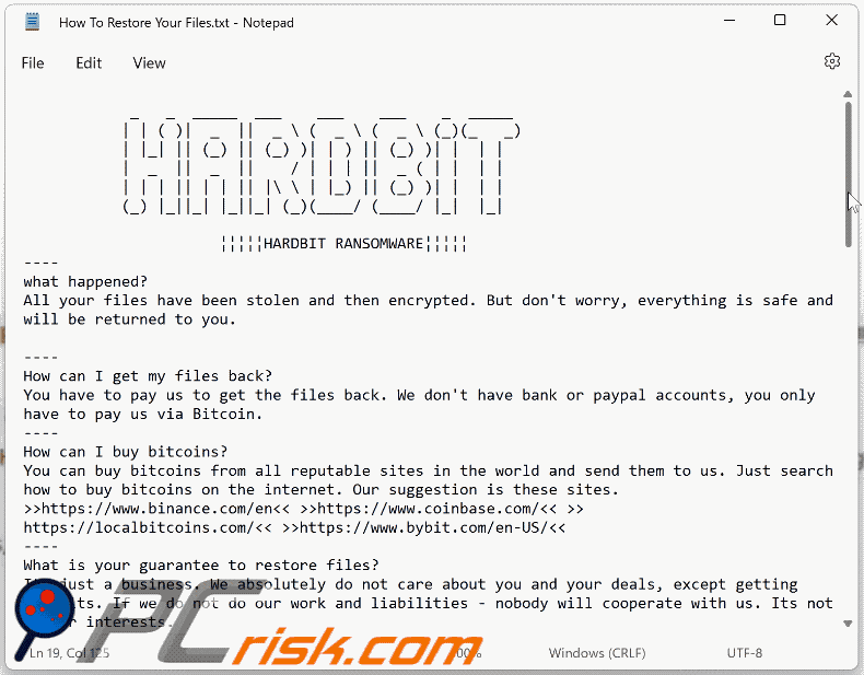 Apparence du fichier texte HARDBIT 2.0 Ransomware (Comment restaurer vos fichiers.txt)