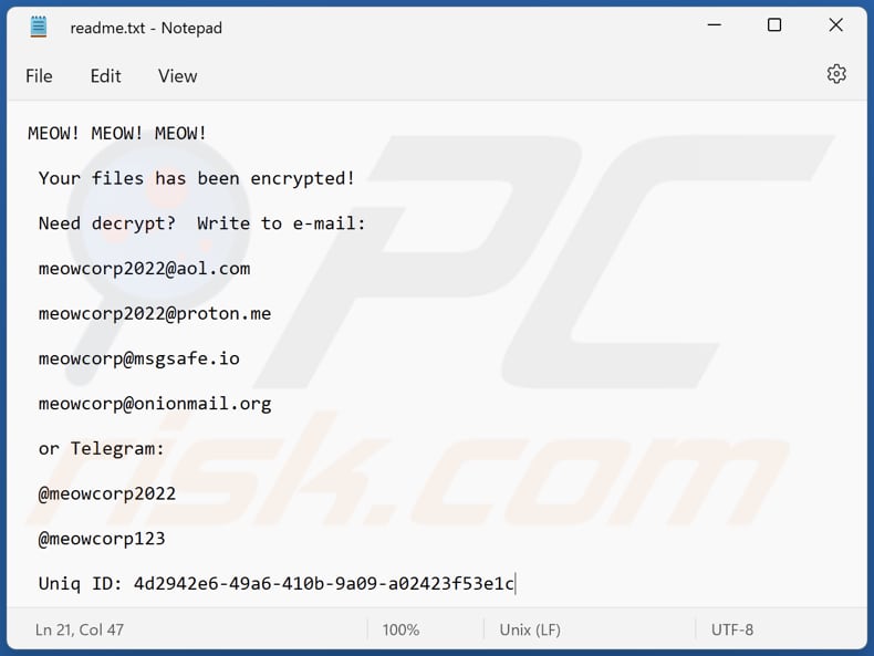 MEOW ransomware fichier texte (readme.txt)