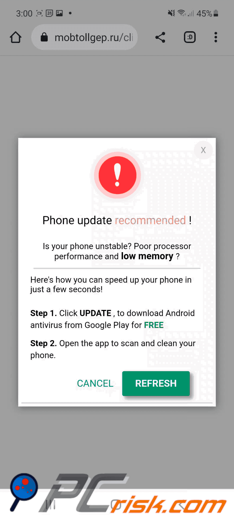Arnaque Android recommandée par la mise à jour du téléphone (2022-12-22 - GIF)