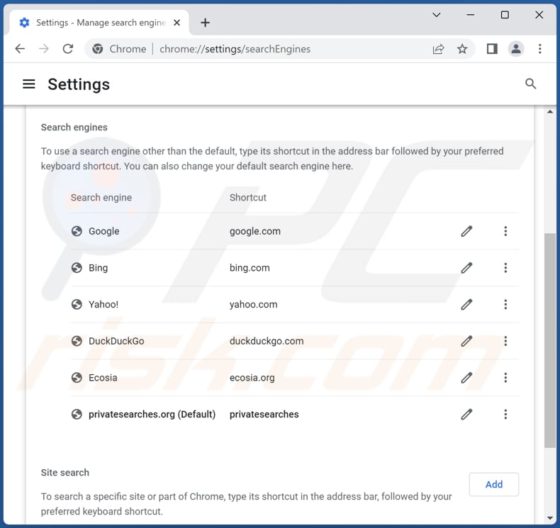 Suppression de privatesearches.org du moteur de recherche par défaut de Google Chrome