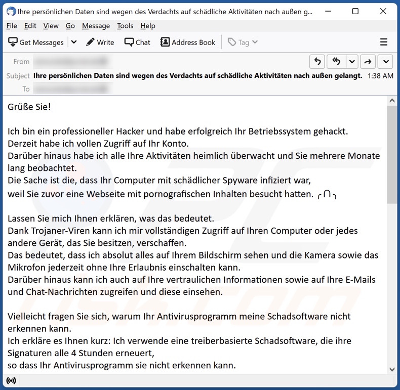 Hacker professionnel géré pour pirater votre système d'exploitation e-mail d'escroquerie variante de langue allemande