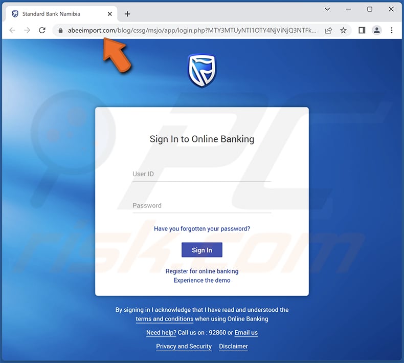 site Web de phishing d'escroquerie par courrier électronique bancaire standard
