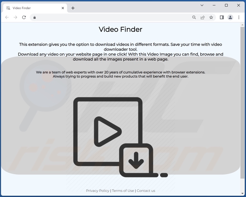 Site Web faisant la promotion du logiciel publicitaire Video Finder