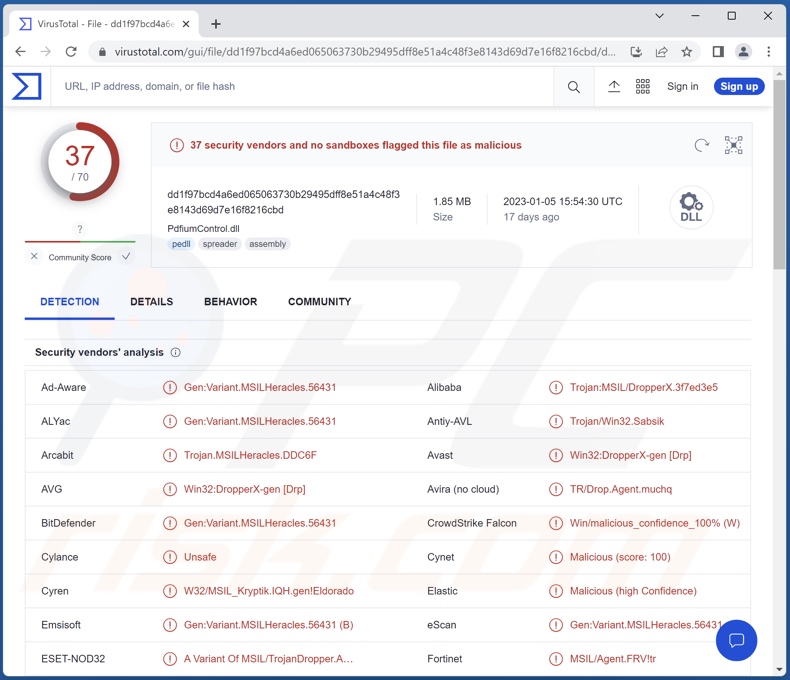 Détections de logiciels malveillants Album Stealer sur VirusTotal