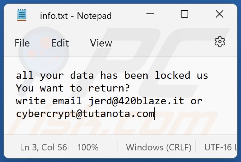 Fichier texte du rançongiciel CY3 (info.txt)