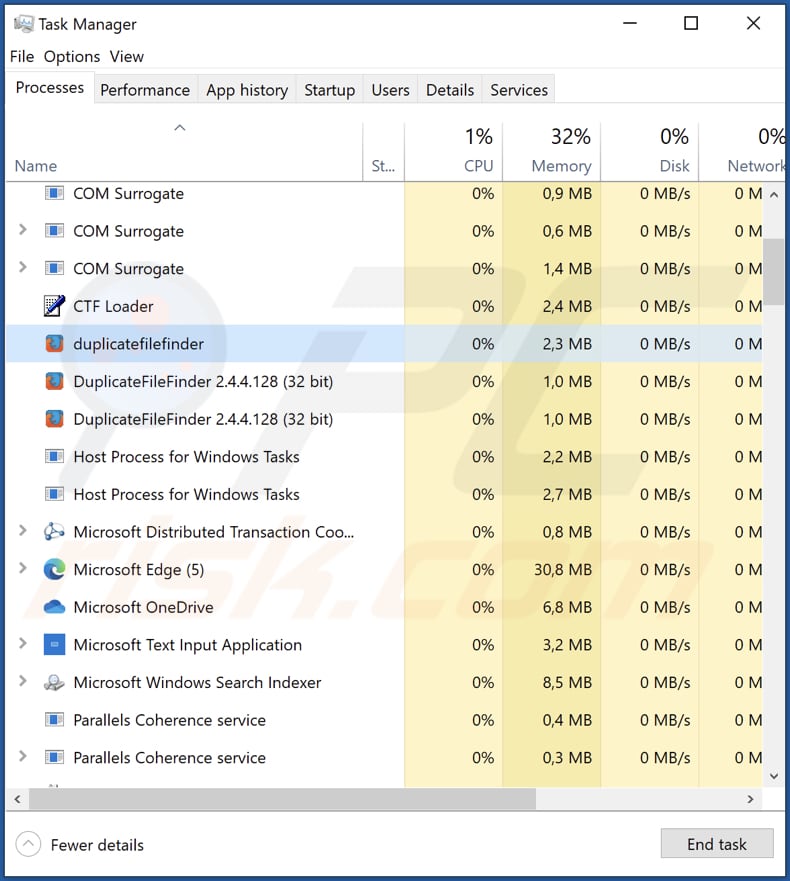 Logiciel publicitaire Duplicatefinder exécuté dans le gestionnaire de tâches en tant que duplicatefinder