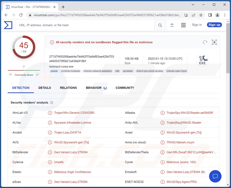 Détections de logiciels malveillants LummaC2 sur VirusTotal
