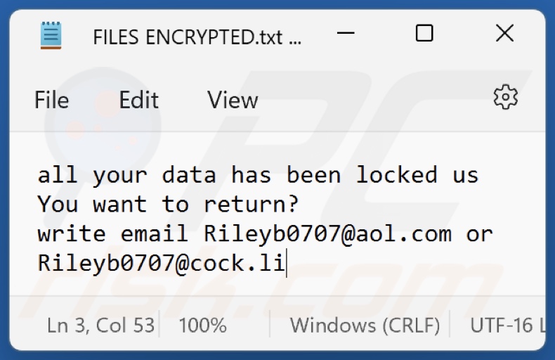 Fichier texte du rançongiciel Nlb (FILES ENCRYPTED.txt)