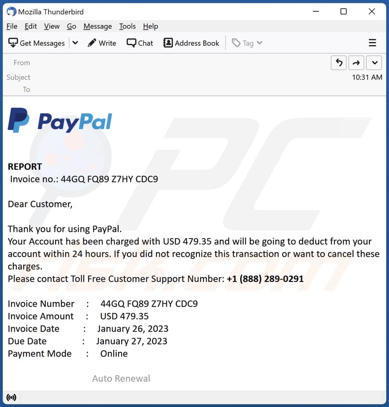 Arnaque par e-mail PayPal Account Has Been Charged