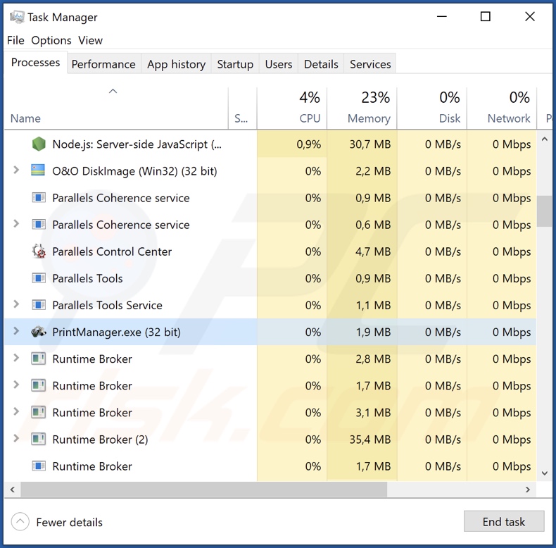 Processus malveillant PrintManager sur le Gestionnaire des tâches (PrintManager.exe - nom du processus)