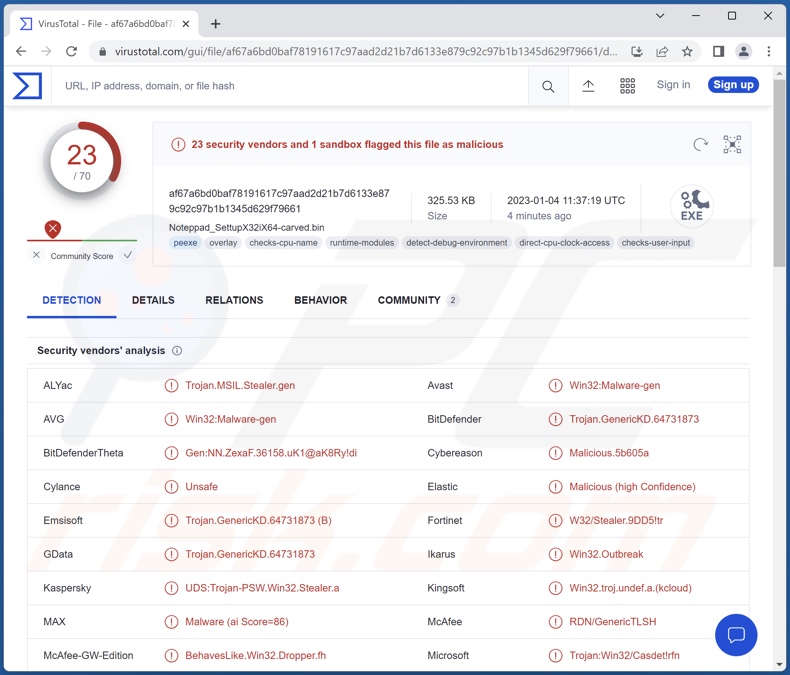 Détections de malware Rhadamanthys sur VirusTotal