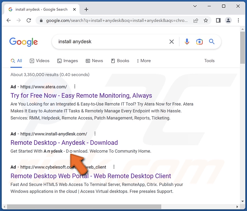 Annonce Google faisant la promotion d'un faux site Web AnyDesk qui fait proliférer le malware voleur Rhadamanthys