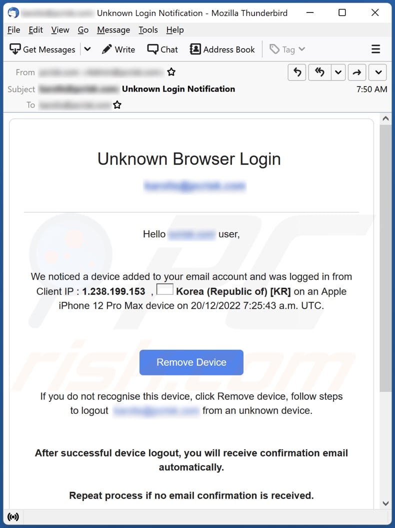 Campagne de spam par e-mail de connexion de navigateur inconnu