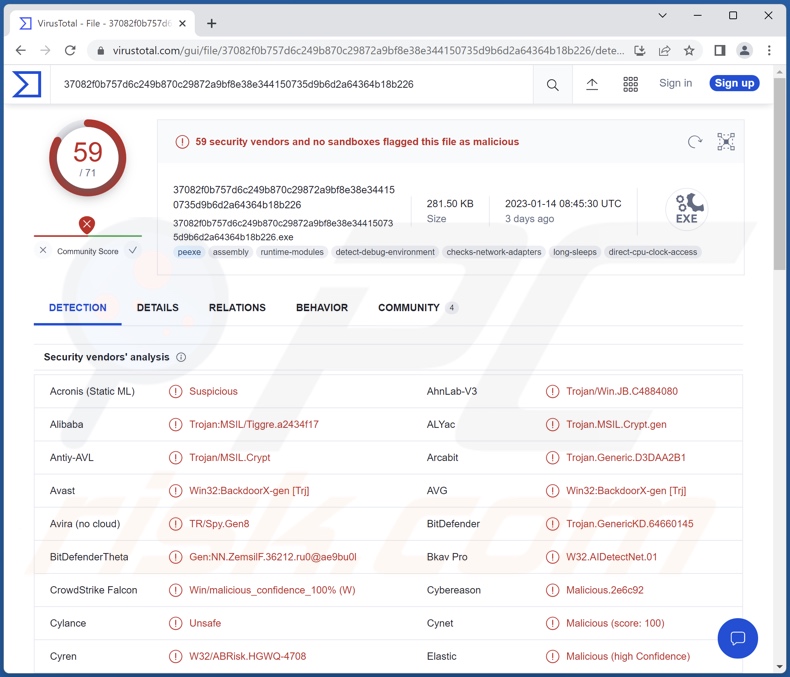 Détections de logiciels malveillants Vagus sur VirusTotal