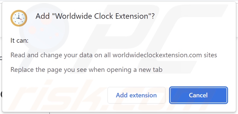 Pirate de navigateur Worldwide Clock Extension demandant des autorisations