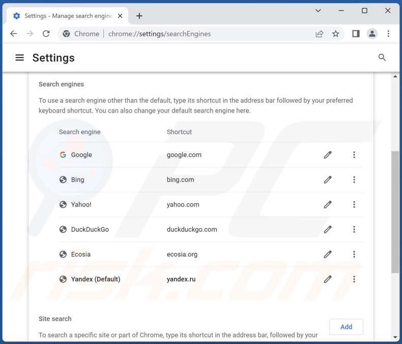 Suppression de yandex.ru du moteur de recherche par défaut de Google Chrome