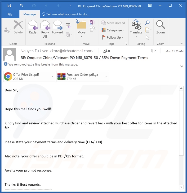 Spam email distributing zgRAT malware
