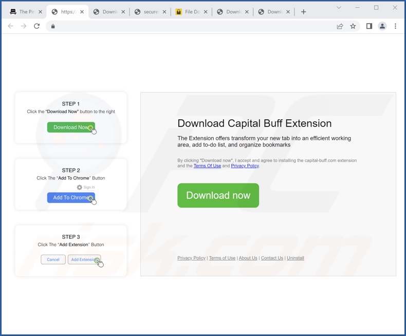 Site Web utilisé pour promouvoir le pirate de navigateur Capital Buff (exemple 1)