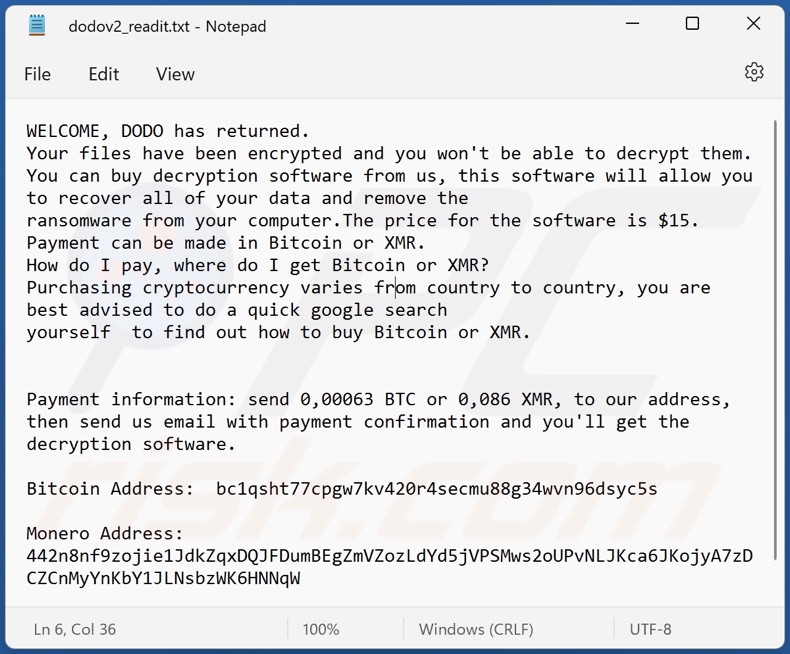 DODO ransomware fichier texte (dodov2_readit.txt)