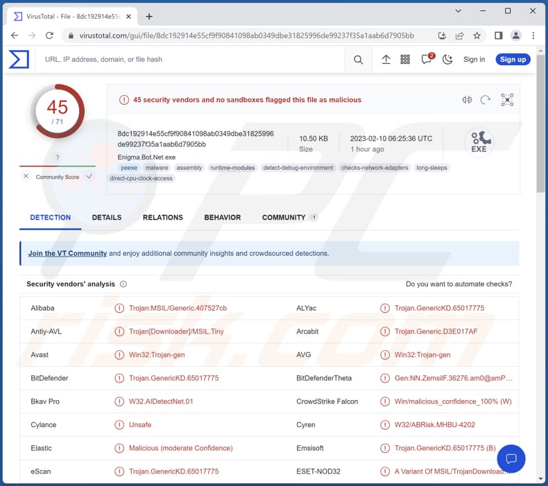 Détections de logiciels malveillants Enigma sur VirusTotal