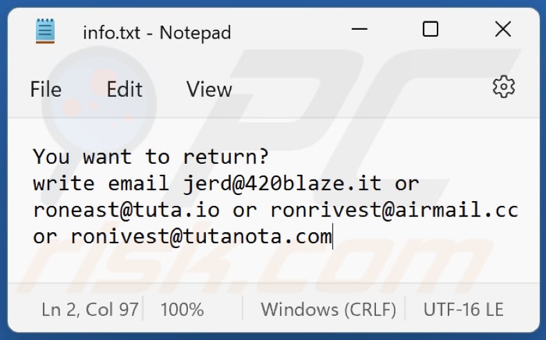 Fichier texte du rançongiciel Jron (info.txt)