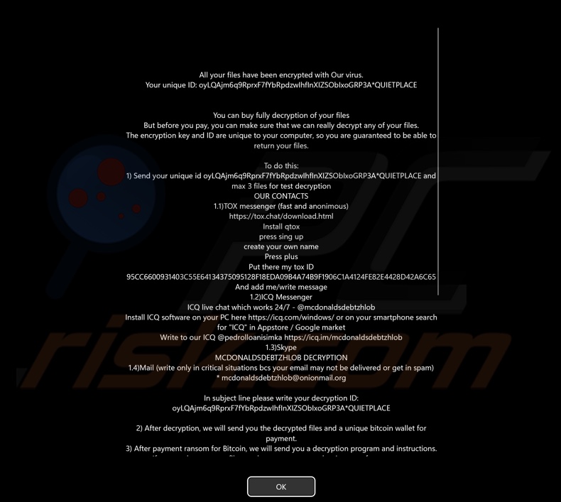 Note de rançon Mimic ransomware (écran affiché avant la connexion)