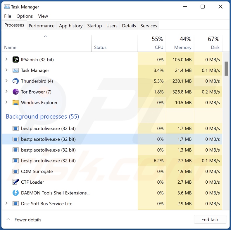 Imitez le processus de rançongiciel sur le Gestionnaire des tâches (bestplacetolive.exe - nom du processus)