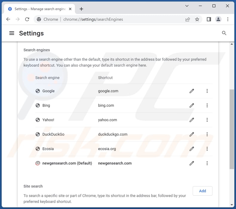 Removing newgensearch.com from Google Chrome default search engine