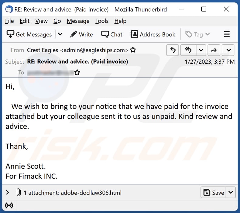 Campagne de spam par e-mail sur les factures payées/non payées