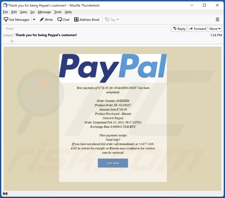 PayPal - Order Has Been Completed email spam campagne