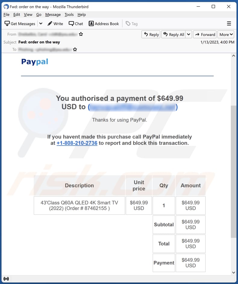PayPal - Vous avez autorisé une campagne de spam par e-mail de paiement
