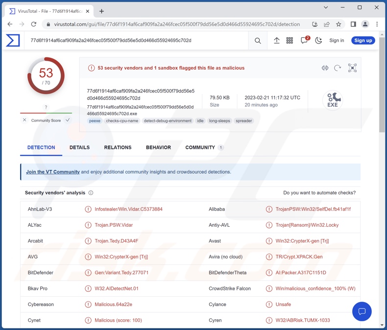 Détections de logiciels malveillants Stealc sur VirusTotal