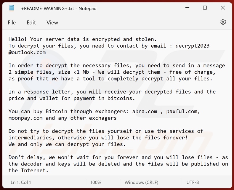 Note de rançon volée (Makop) ransomware (+README-WARNING+.txt)
